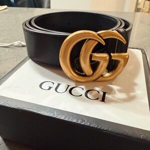 Gucci Double G Marmont Belt BlackLeather Sz 85/34 Antique Gold Buckle w/ Box&Bag